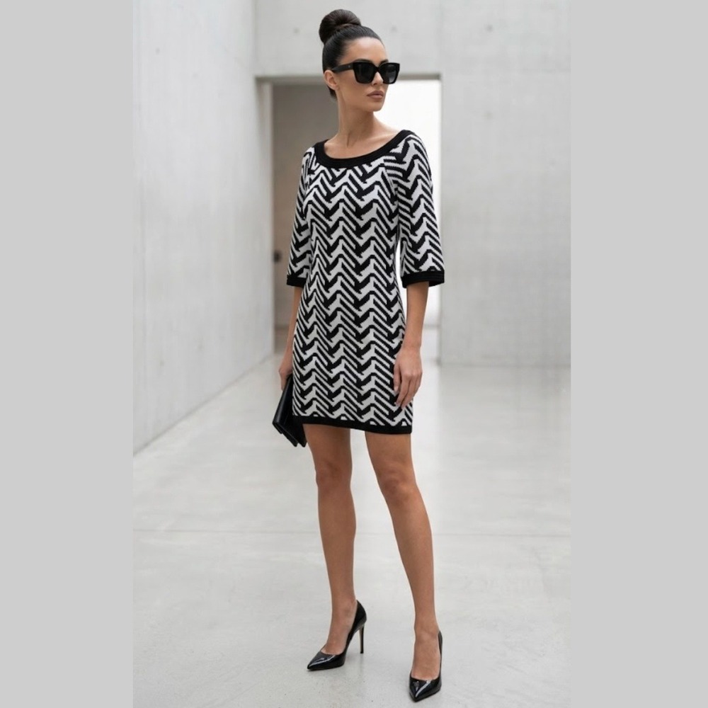 Jonathan Martin Womens Medium Knit Dress Black White Chevron Zig Zag Mod Shift